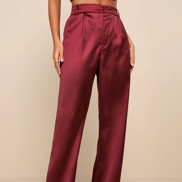 Elegant Burgundy Satin Pants - Picture 2 of 7
